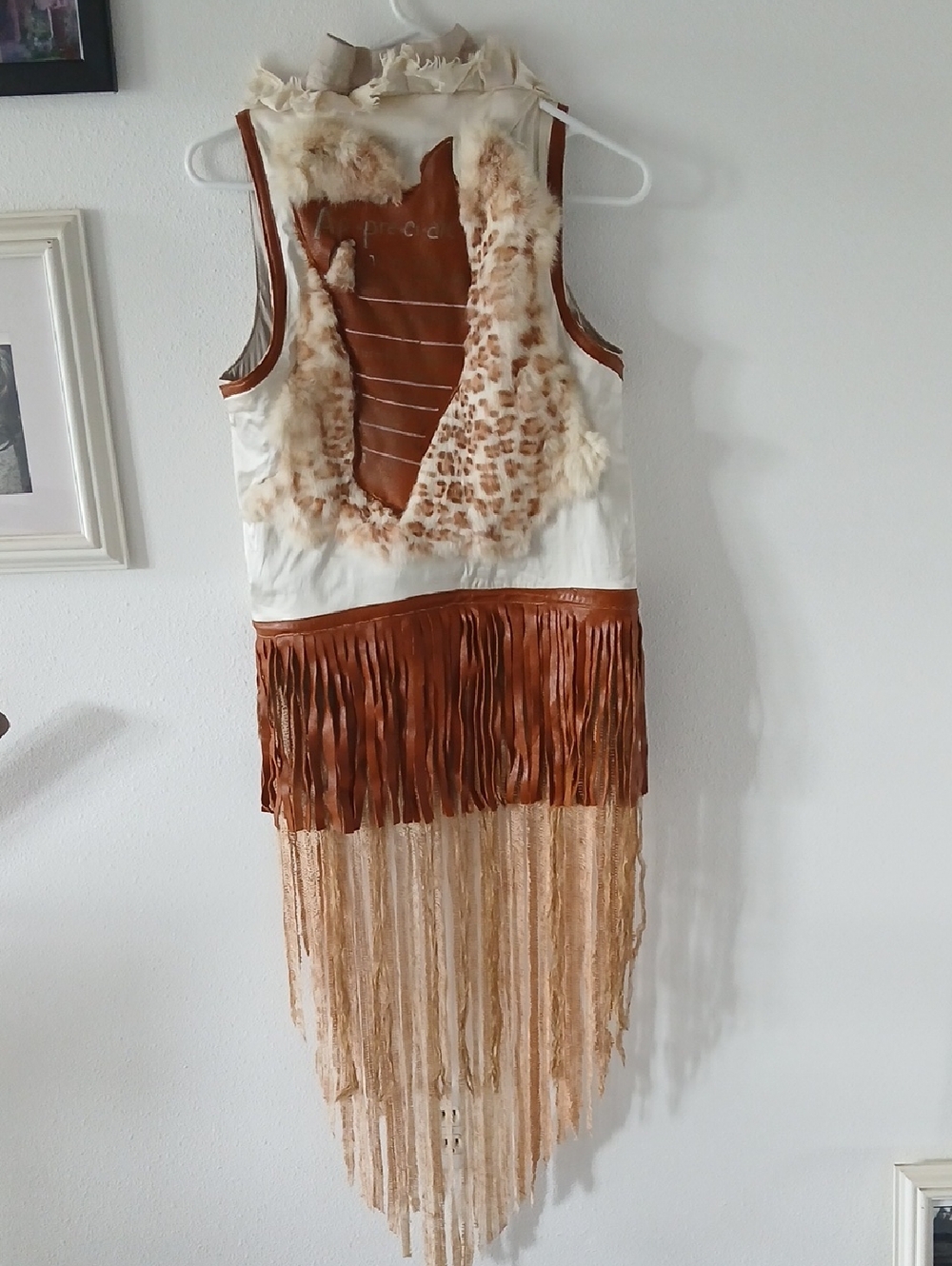 Boho Fringe Leather & Sheepskin Vest Dress in Tan and Cream